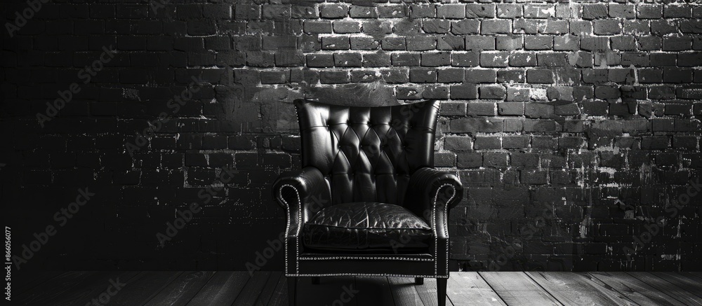 Poster black and white-themed backdrop featuring a chair with a brick wall in the background, ideal for pre