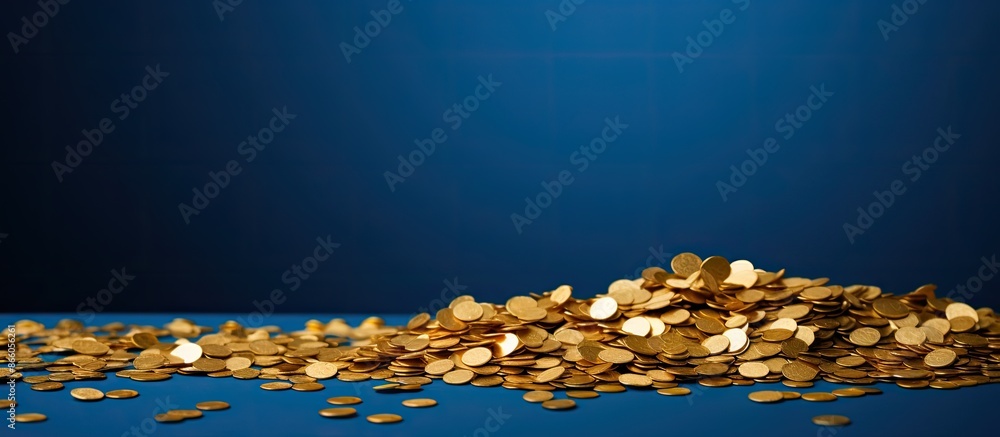 Poster golden confetti forms a pile on a blue backdrop, with copy space image available.