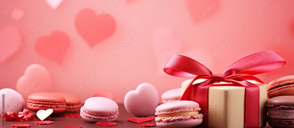 Poster pink background adorned with a lovely wallpaper featuring tasty macarons, a red heart, and a charmin