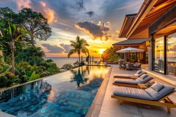 Fototapeta premium Luxury House Pool. Tropical Villa with Open Living Room and Garden View by the Pool