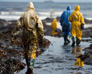 Naklejka premium Detailed view of workers wearing protective suits at an industrial site