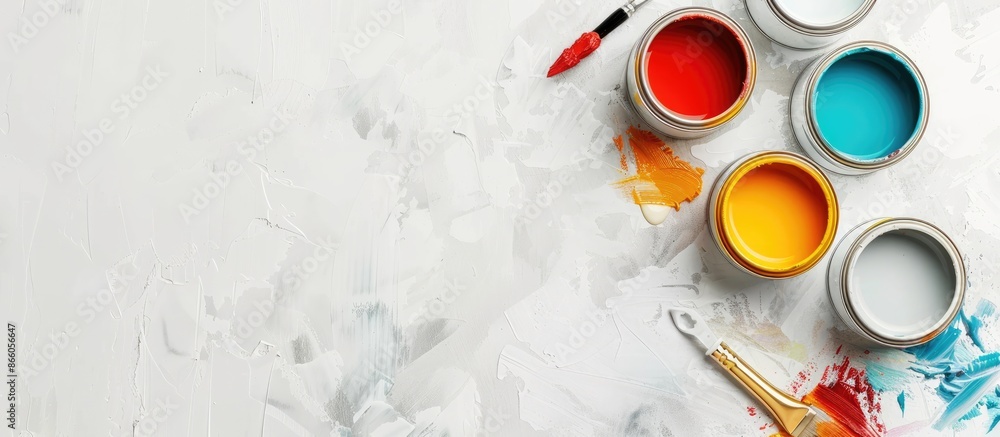 Poster Cans of paints and tools on light background. with copy space image. Place for adding text or design