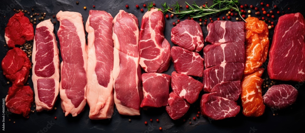 Aufkleber assorted seasoned raw meat on a dark backdrop in a top-down view with room for a copy space image.