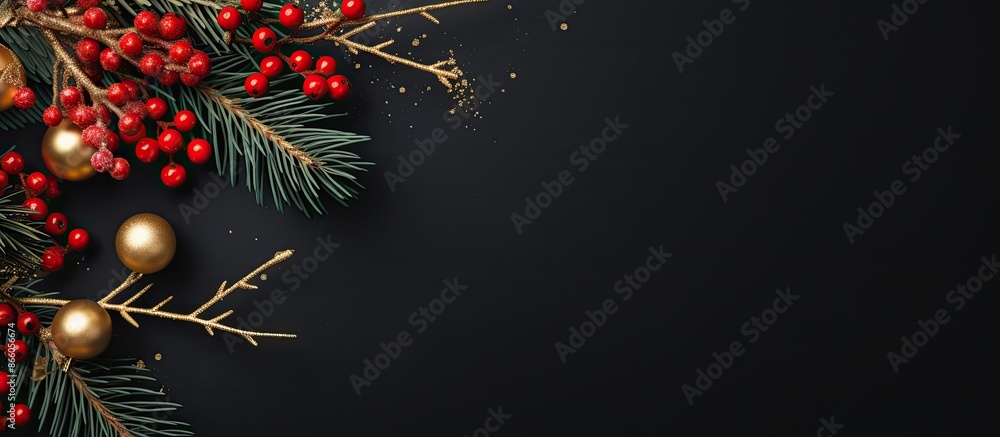 Poster Top view Christmas-themed image with spruce branches, red berries, red and gold decorations, and a blank space for adding text or graphics. with copy space image. Place for adding text or design