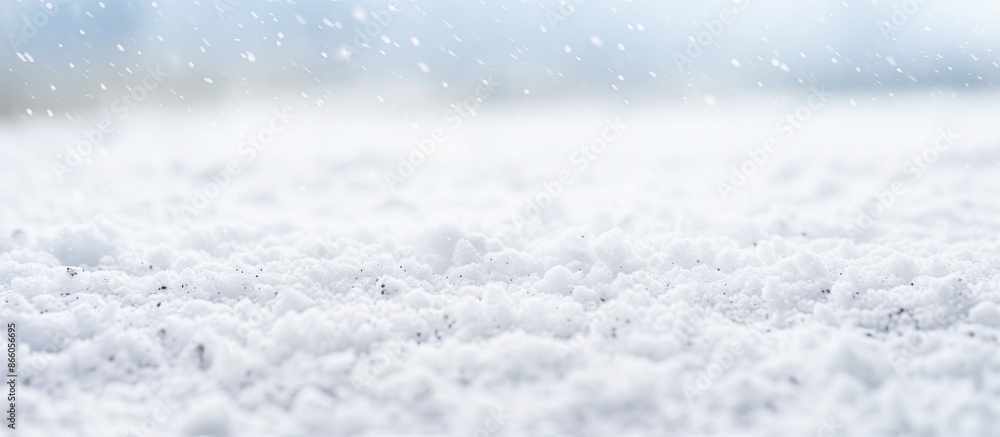 Poster close-up photo of white snow on the ground after snowfall with a snow-covered surface and a small de