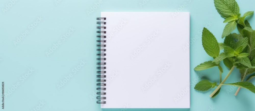 Aufkleber Mock-up image of an empty notebook featuring a blue handle, mint leaves, set against a soft blue pastel background with space for text or design. with copy space image