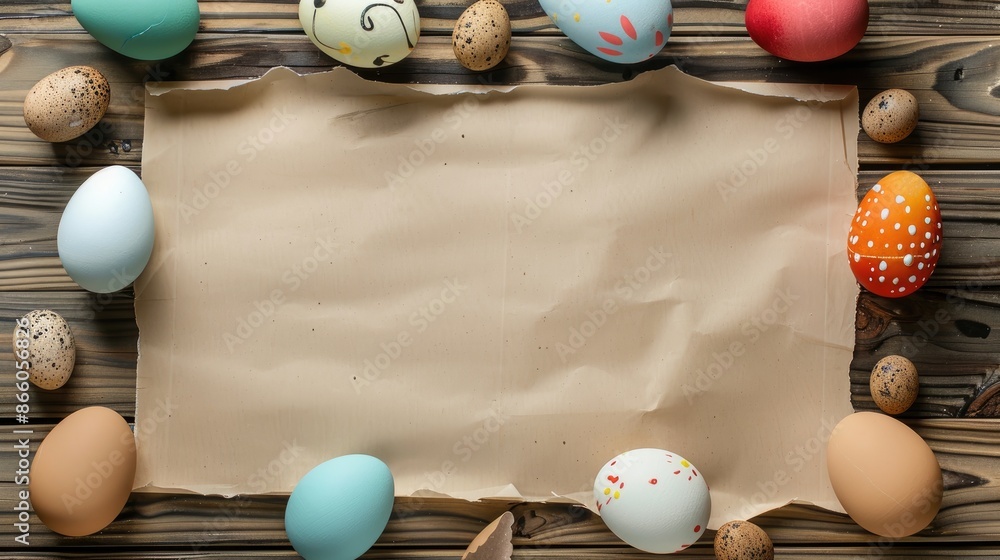 Poster easter eggs and paper on wood background with empty space
