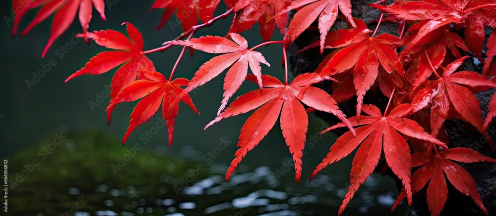Aufkleber Autumnal transformation of Japanese Maple leaves to red, set against a lush green backdrop, with space for text or other elements in the image. with copy space image. Place for adding text or design