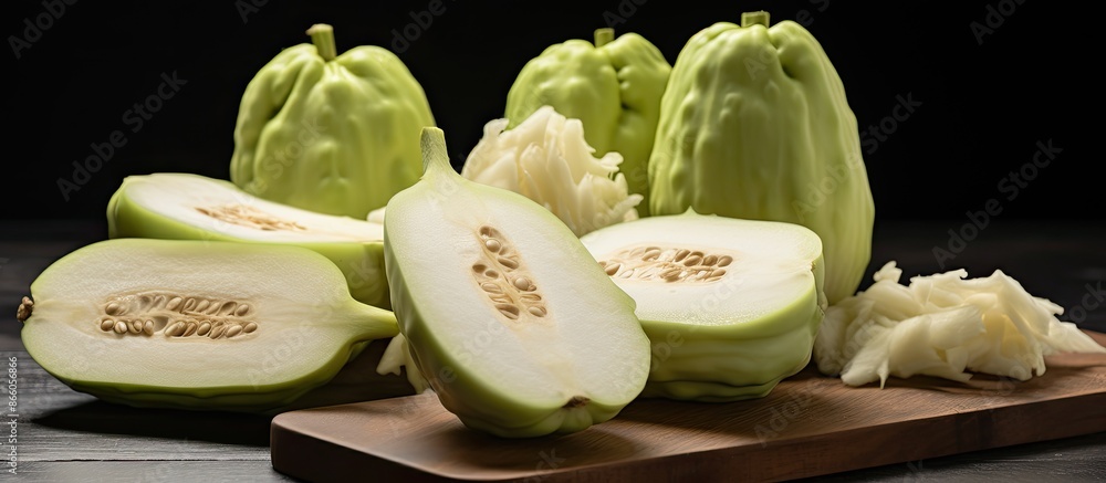 Poster close-up of a sliced and whole chayote on a gray table with copy space image.