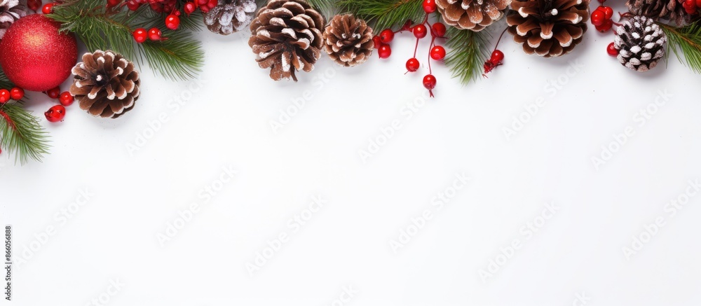 Poster Top view flat lay of a Christmas wreath against a white background with copy space image.