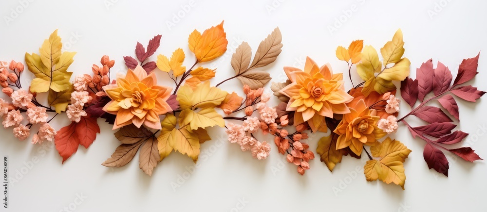 Aufkleber top view of an autumn arrangement featuring maple leaves and flowers on a light background, perfect 