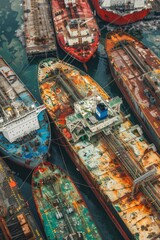 Fototapeta premium A detailed view of oil tankers docked at a port, showing various ships moored with industrial cranes and infrastructure in the background