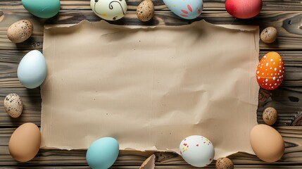 Easter eggs and paper on wood background with empty space