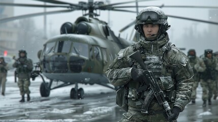 Fototapeta premium Soldier Standing Near Helicopter in Snowy Conditions