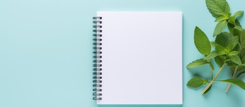 Mock-up image of an empty notebook featuring a blue handle, mint leaves, set against a soft blue pastel background with space for text or design. with copy space image