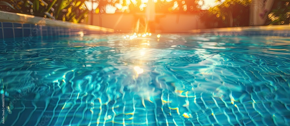 Poster ripple blue water in swimming pool with sun reflection. copy space image. place for adding text or d