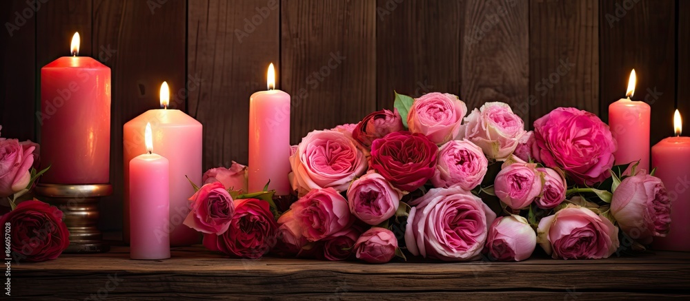 Aufkleber a floral display featuring roses and ranunculus, accompanied by candles, set against a rustic wooden