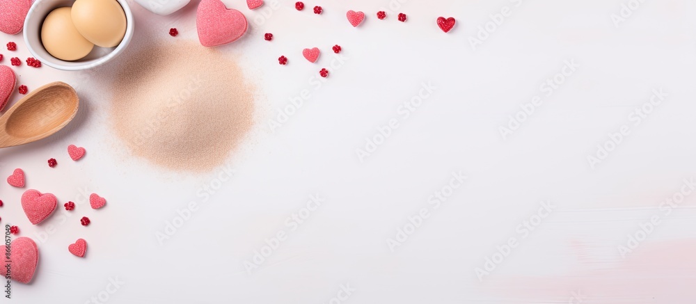 Poster a white paper mockup with text space surrounded by baking ingredients for cakes, reflecting the idea