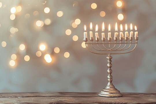 Menorah with lit candles for Hanukkah celebration.  Jewish holiday concept with bokeh lights background.