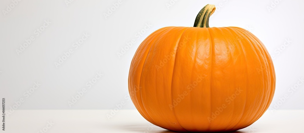 Poster close-up shot of an orange pumpkin against a white backdrop with ample copy space image.