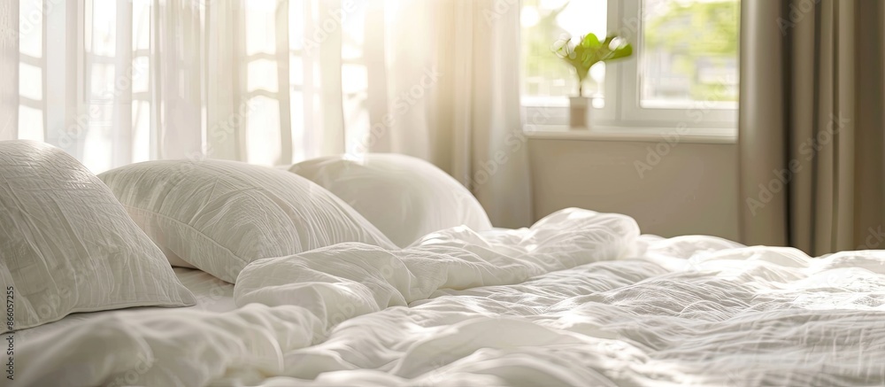 Aufkleber bed with white pillows in bedroom. with copy space image. place for adding text or design