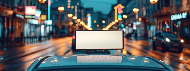 blank poster on the roof of  taxi in street. mock up, layout concept. space for your design. banner