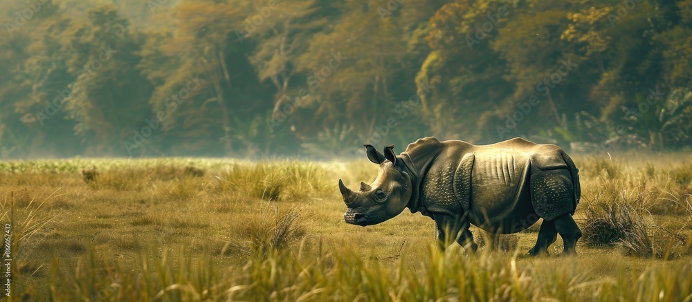 Aufkleber one horned rhinos at pobitora wildlife sanctuary. copy space image. place for adding text or design