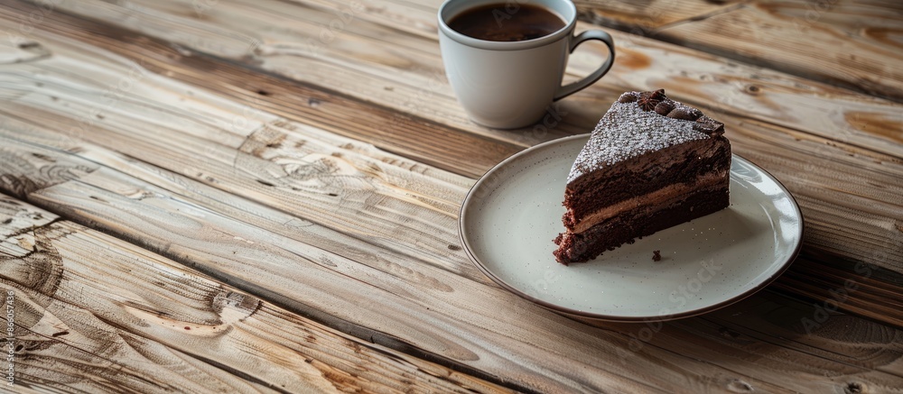 Poster Chocolate cake on a plate with a cup of hot drink placed on a table against a rustic wooden backdrop, including copy space image.
