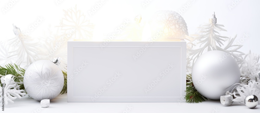 Aufkleber Christmas-themed arrangement with a blank card on a white backdrop, ideal for adding text or images in the empty space image. with copy space image. Place for adding text or design