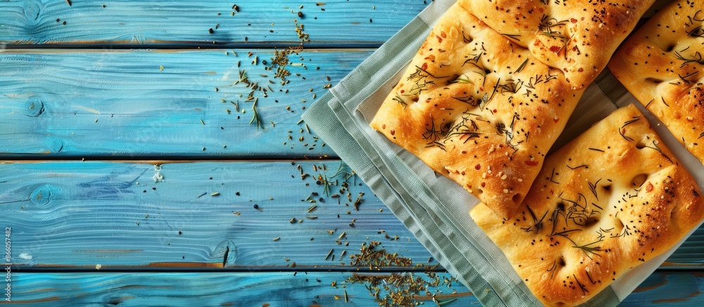 Poster top view arrangement of focaccia bread on a blue wooden surface with room for text in the image. wit