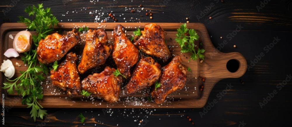 Poster top view of delicious barbecue chicken wings garnished with sesame seeds and parsley on a wooden boa
