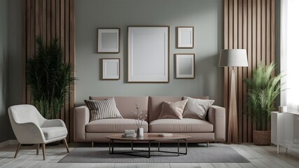 Modern luxury interior designs. Empty painted wall for mockup.Accent furniture and a blank background.Interior trend 2024 year Modern luxury apricot room interior home designs. Mockup wall, Mockups
