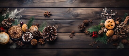Festive holiday backdrop featuring baking ingredients, pine cones, and fir twigs arranged flatly with room for text or a picture. with copy space image. Place for adding text or design