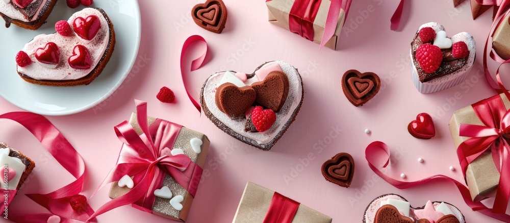 Poster Flatlay of heart-shaped cakes and gifts for Valentine's Day on a bright table with copy space image.