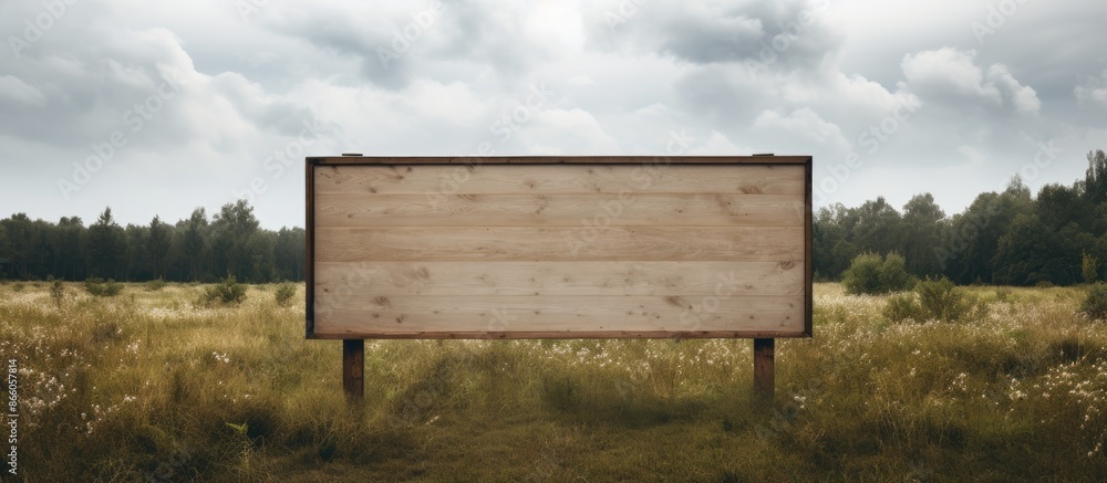 Poster Wooden signboard in a meadow with a cloudy sky and trees in the background, perfect for a copy space image.