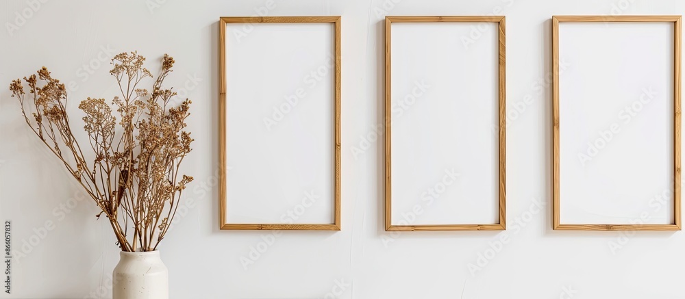 Aufkleber three wooden vertical frames with a white blank card and dried flowers in vases on a white wall back