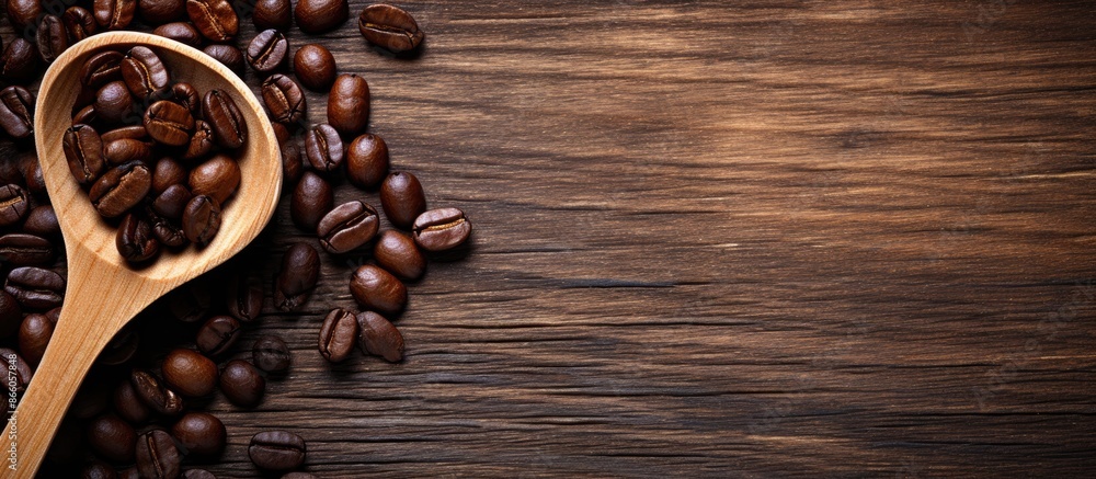 Aufkleber wooden spoon placed next to a coffee bean with a rustic background, creating an ideal copy space ima