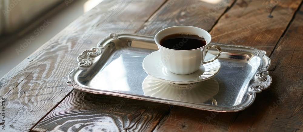 Poster black coffee in a white cup on a silver tray on a wooden table close-up. space. with copy space image. Place for adding text or design