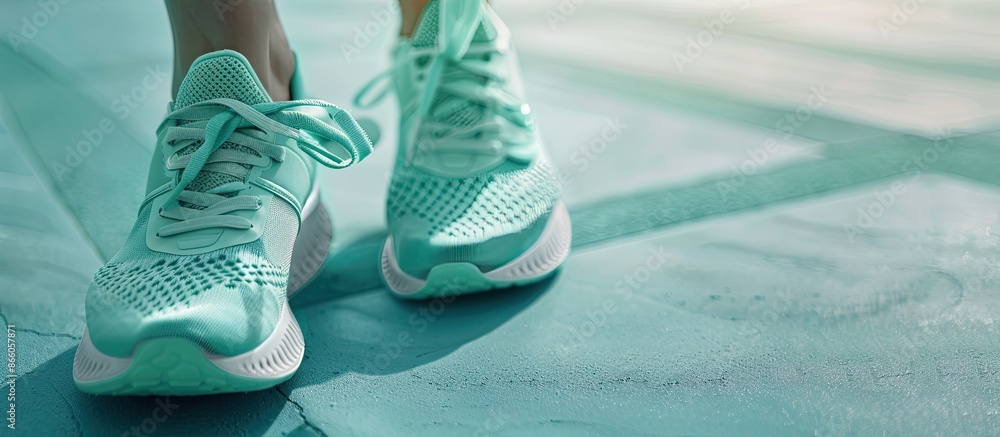 Poster Close up image of stylish mint-colored running shoes, encouraging a daily running routine for a healthier lifestyle with copy space image.