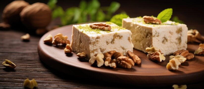 Turkish summer halva with walnuts in a delightful copy space image.