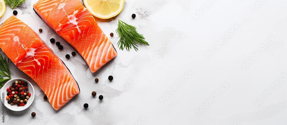 Poster raw salmon steak on white marble background with copy space image, ideal for cooking. uncooked salmo