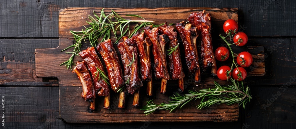 Poster top view of a wooden cutting board with a rack of mutton and lamb ribs. it is set against a dark woo