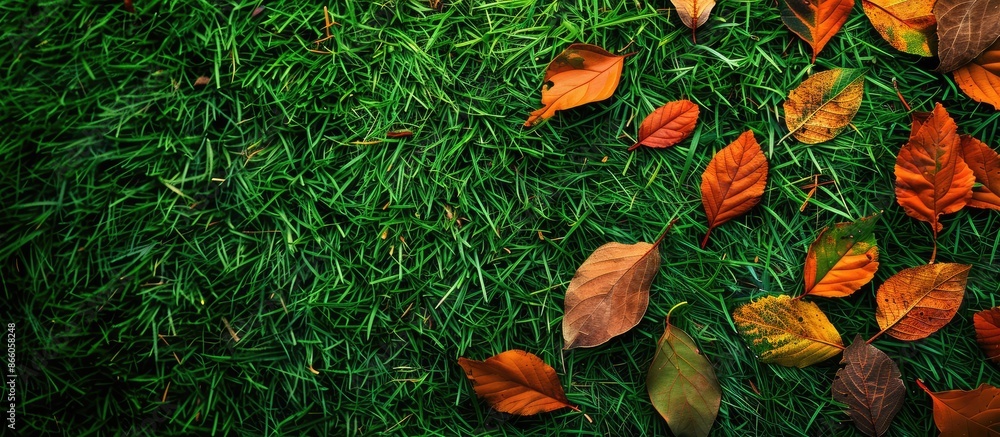 Poster Autumn leaves have fallen on fresh green grass in a top-view picture with available copy space image.