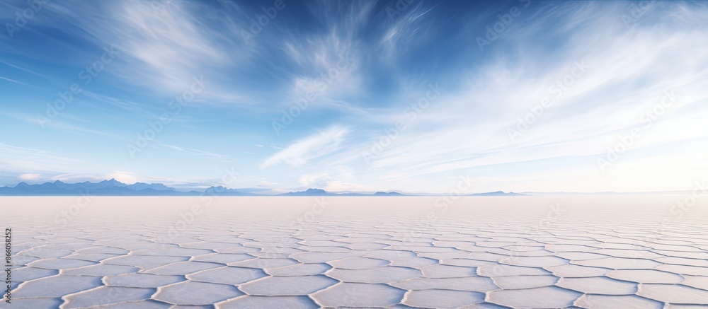 Poster sunrise over uyuni salt flat, showing a vast expanse of white salt with a clear sky and plenty of co