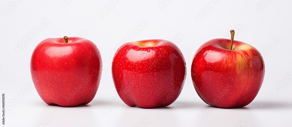 Aufkleber flat lay food photography of three ripe, red apples on a white background, representing a healthy nu
