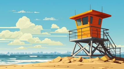 Lifeguard tower with speech bubble for presenting beach safety rules in a creative way.
