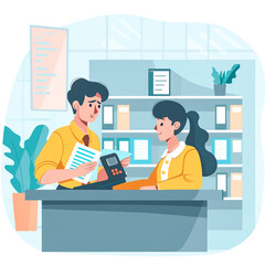 Fototapeta premium Smiling elegant adult coworkers concentrating on screen and interacting with laptop while sitting at desk with stuff and take away hot drink in open space office during daytime on blurred background