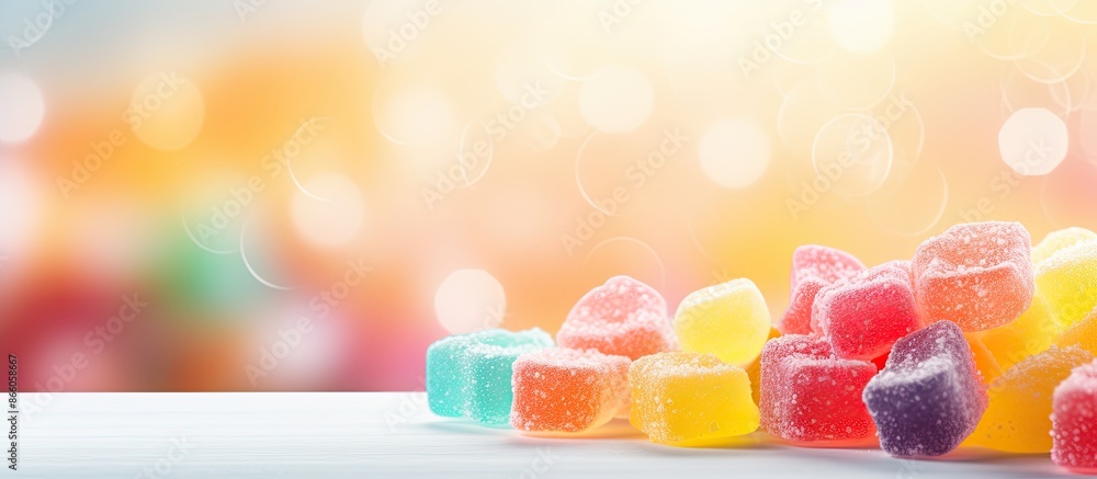 Poster vibrant jelly candies on sugary background for confectionery wallpaper concept with copy space image