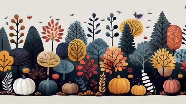 Charming autumnal scene with diverse stylized trees in muted colors. Foreground adorned with various pumpkins and gourds. 