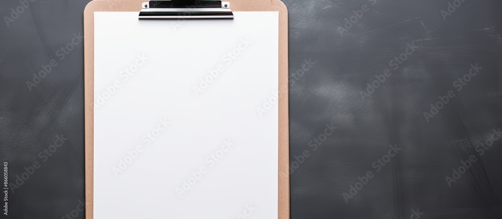 Poster Close-up view of a clipboard with a blank paper, set against a dark gray background with copy space image.
